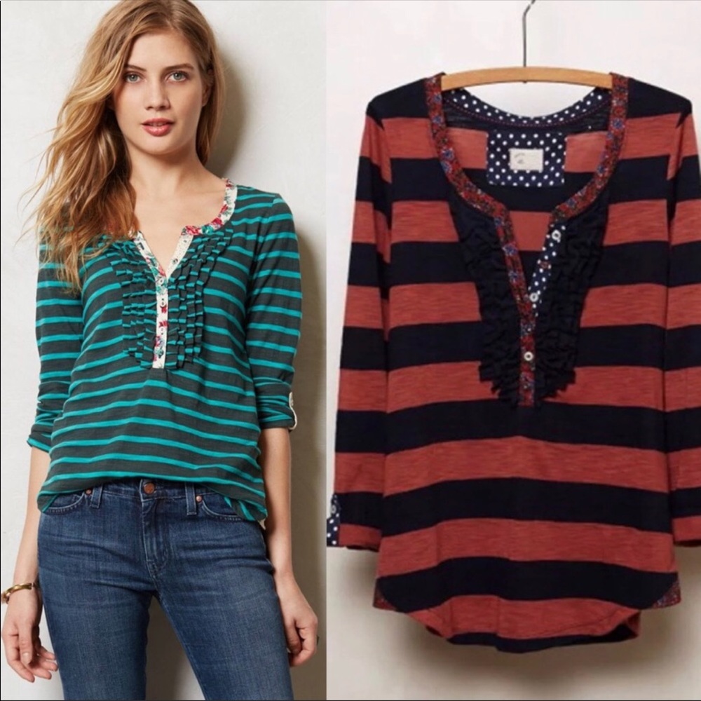 Anthropologie Postmark Striped Ruffle Henley